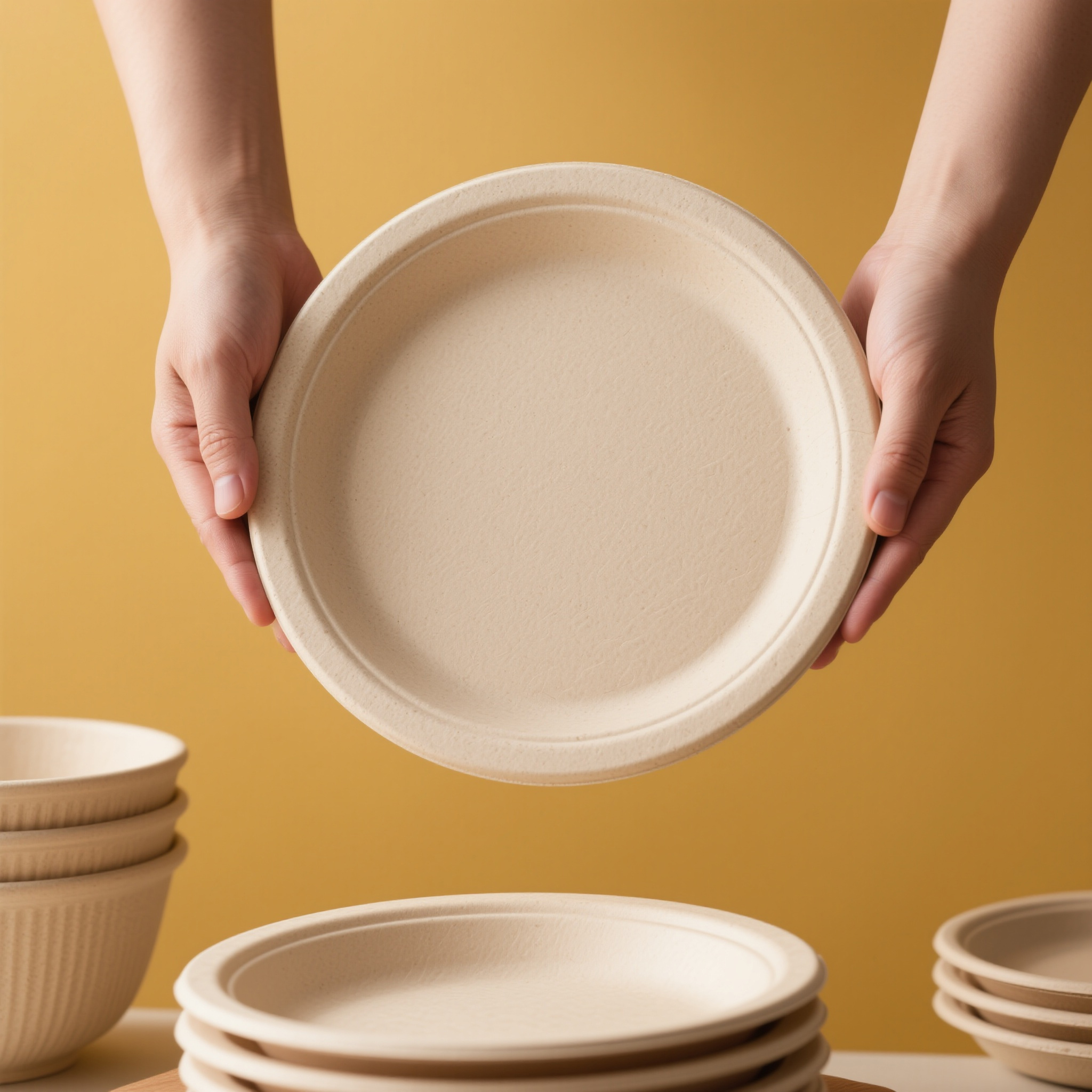 jimeng-2025-09-02-5331-双手托举 + 纸浆圆盘、纯色暖黄背景、厨房用品展示、防粘耐高温材质、简约产品实拍