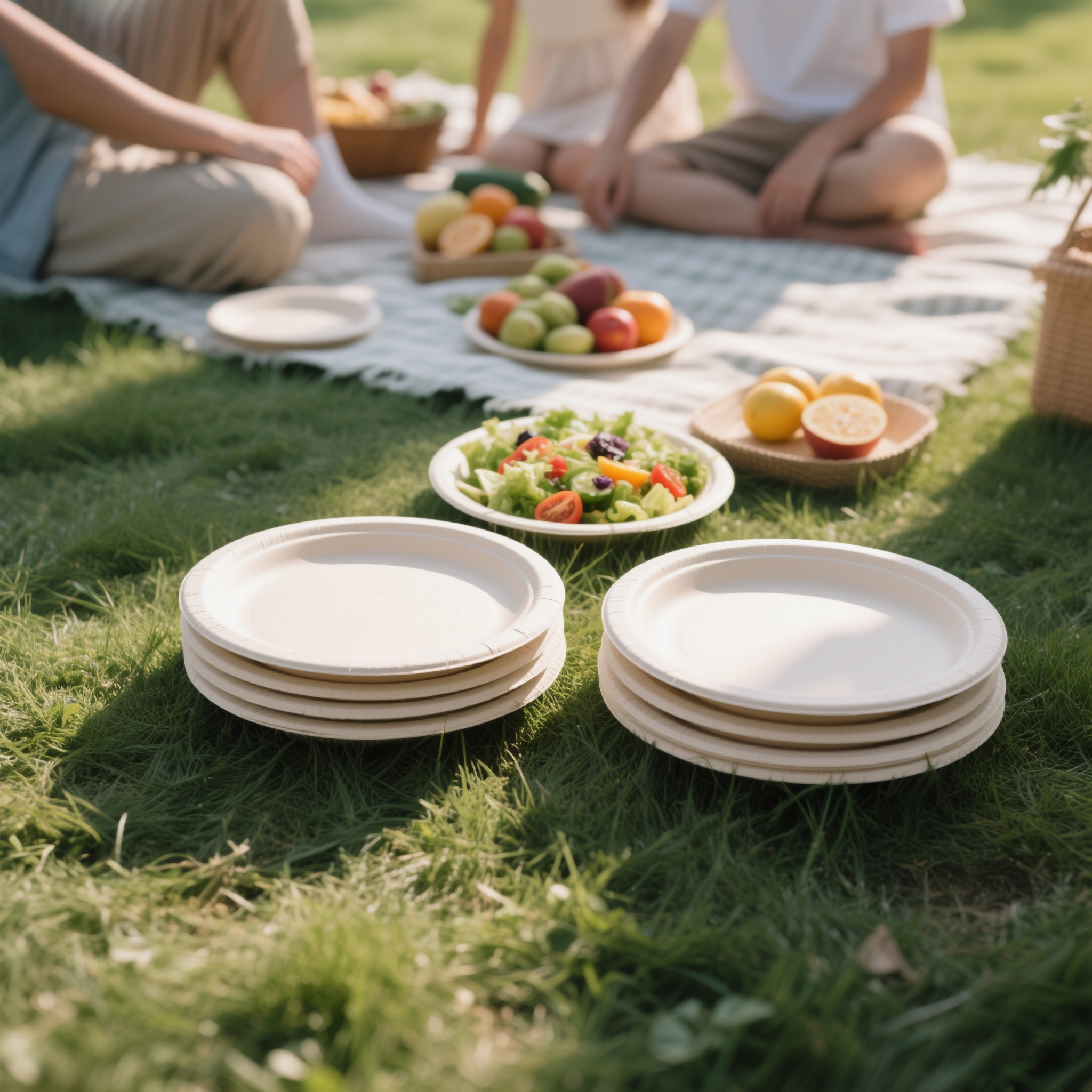 jimeng-2025-09-02-6715-一套纸浆圆盘平放在草地，背景是现家庭野餐场景，搭配新鲜水果、蔬菜沙拉点缀。极简构...
